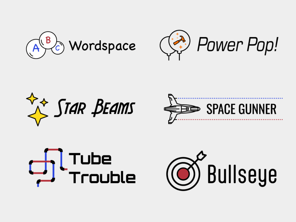 A grid of 6 logos, one for each VR game: Wordspace, Power Pop, Star Beams, Space Gunner, Tube Trouble, and Bullseye.