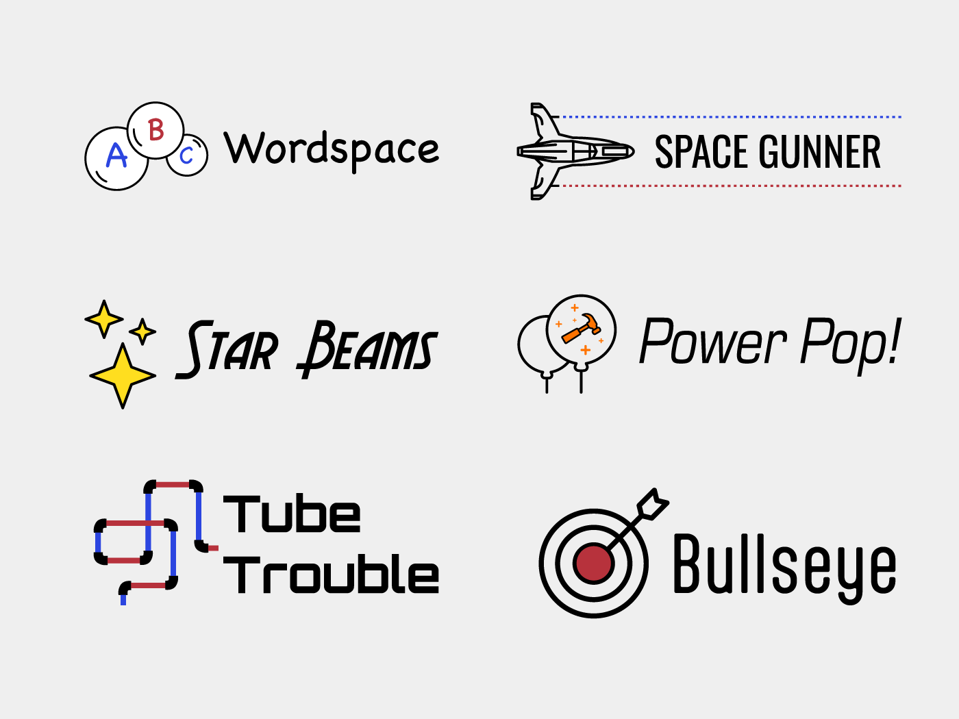 A mashup of 4 game cover art images: Tube Trouble, Star Beams, Power Pop, Space Gunner