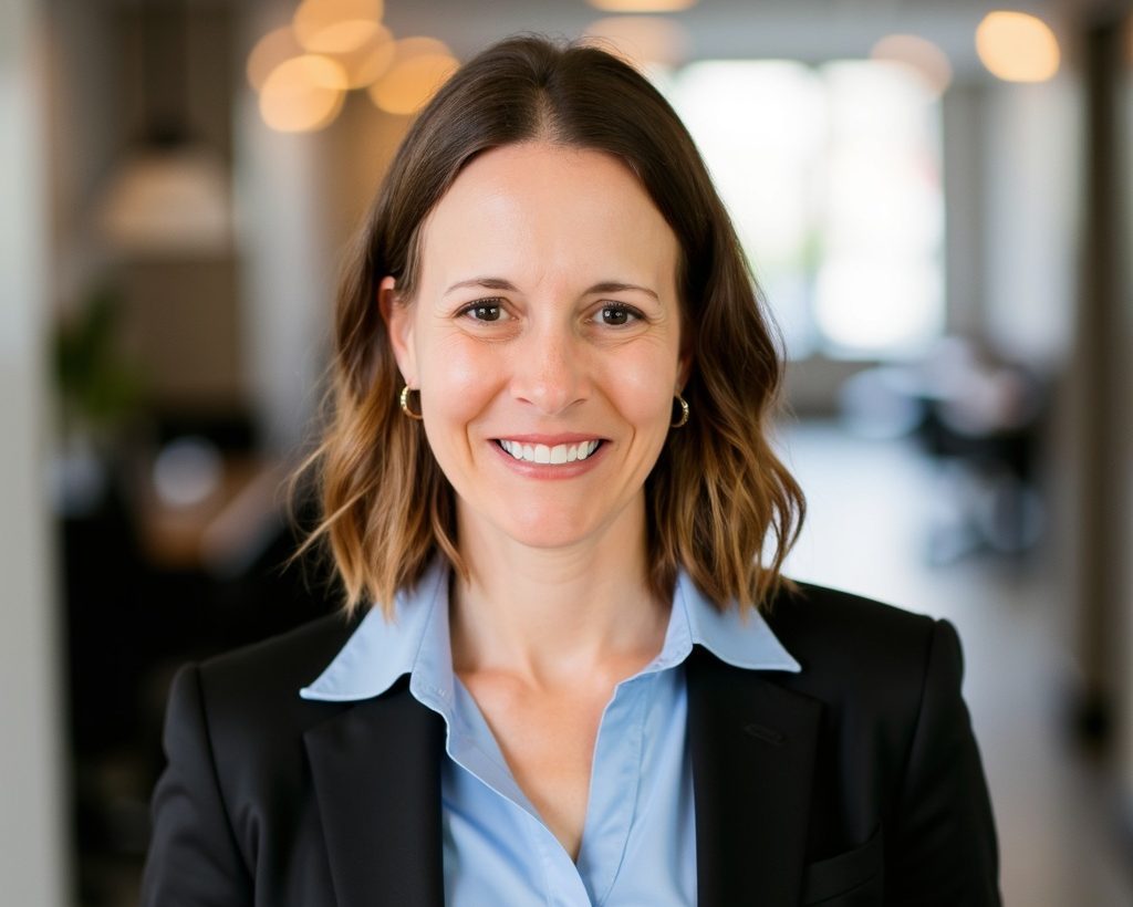 A woman wearing a light blue dress shirt and a dark blazer, smiling; in a professional setting.